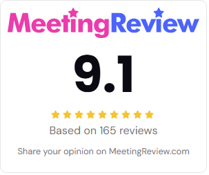 MeetingReview widget voor communicatie - vierkant met grote reviewscore in Engels